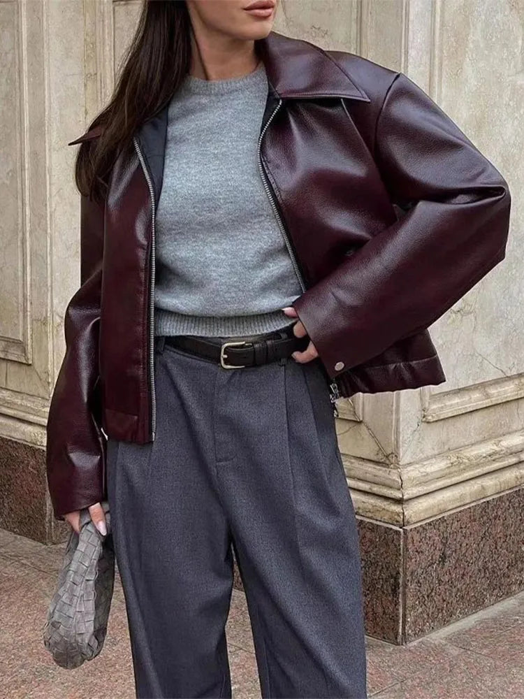 Veste Femme Vintage en Cuir Bordeaux 1