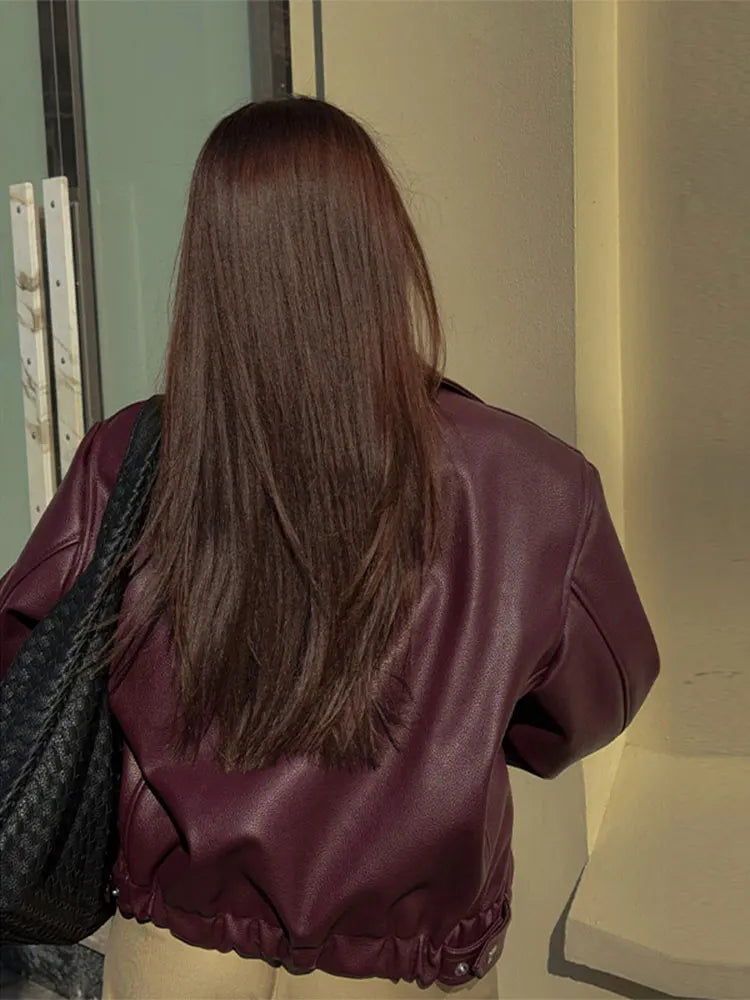 Veste Femme Vintage en Cuir Bordeaux 2