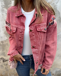 Casualowa damska kurtka jeansowa patchwork wielokolorowy denim