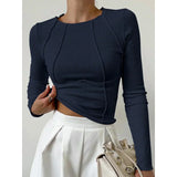 top blouses : Livia – Haut Tendance Côtelé à Manches Longues avec Coutures Apparentes in Bleu marine van Seroa
