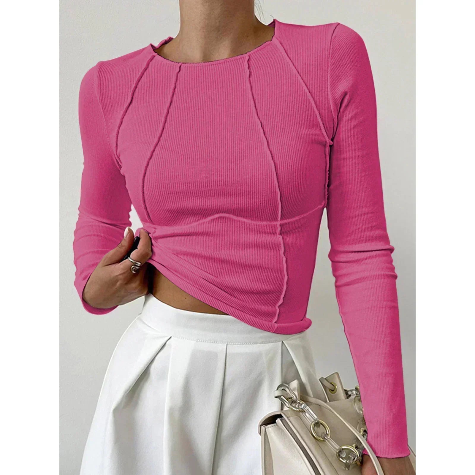 top blouses : Livia – Haut Tendance Côtelé à Manches Longues avec Coutures Apparentes in Rose clair van Seroa