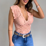 top blouses : Greta | Haut Femme en Dentelle Col V Sans Manches in Rose van Seroa