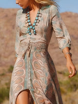 Boho langes Maxikleid mit Western-Print und Schlitz