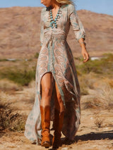 Boho langes Maxikleid mit Western-Print und Schlitz