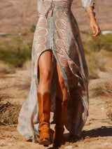 Boho langes Maxikleid mit Western-Print und Schlitz