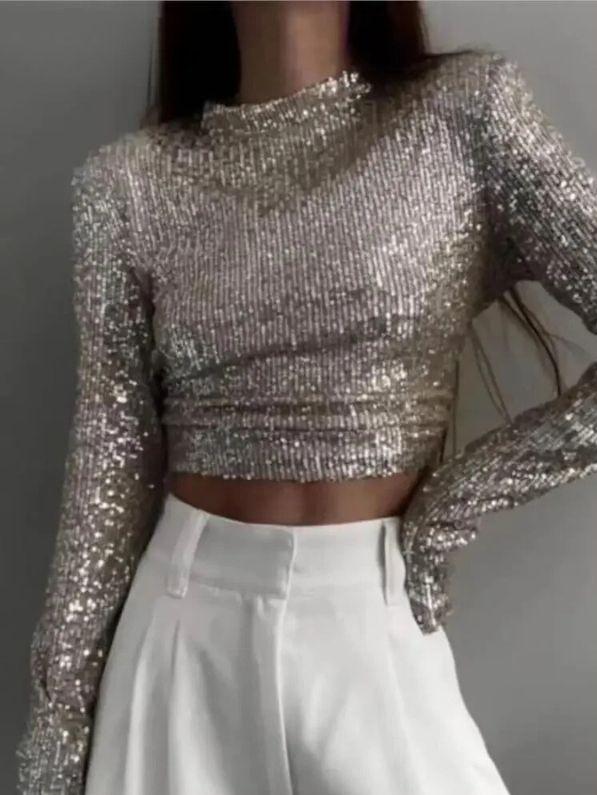top blouses : Sia – Top Court Élégant à Manches Longues et Sequins in van Seroa