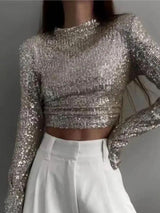 top blouses : Sia – Top Court Élégant à Manches Longues et Sequins in van Seroa
