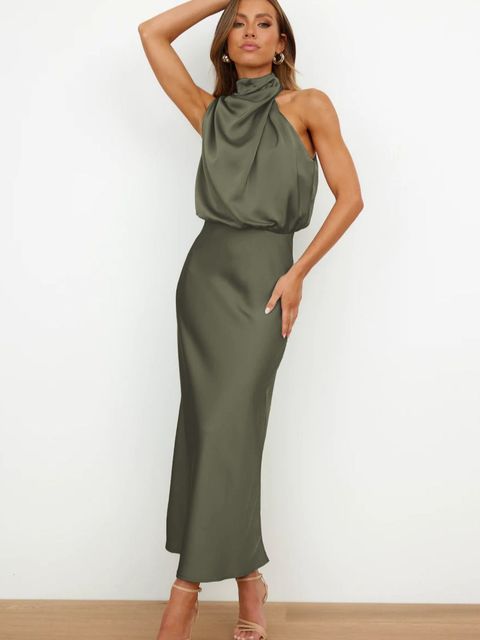 dresses : Brielle – Robe Midi Élégante en Satin à Col Montant in Vert Armée van Seroa