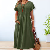 dresses : Leona – Robe midi décontractée plissée en coton avec poches in Vert van Seroa