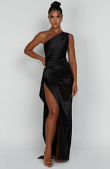 dresses : Valeria – Robe de soirée élégante en satin, asymétrique avec fente haute in van Seroa