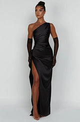 dresses : Valeria – Robe de soirée élégante en satin, asymétrique avec fente haute in van Seroa