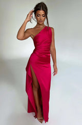 dresses : Valeria – Robe de soirée élégante en satin, asymétrique avec fente haute in van Seroa
