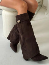 Bottes Femme Daim Noir Boucles Métalliques - Élégance & Confort