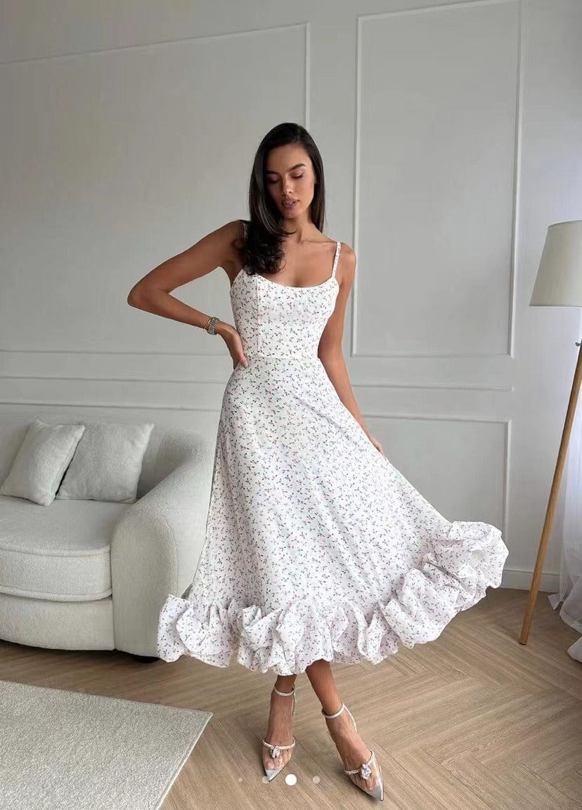 dresses : Nova - Robe Midi Élégante à Volants avec Bretelles Fines in van Seroa