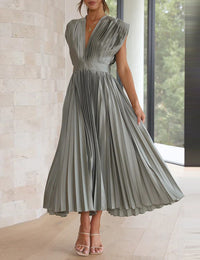 Fließendes Midikleid mit Plisseefalten und V-Ausschnitt Damen – Ideal für Sommer, Zeremonien, elegant