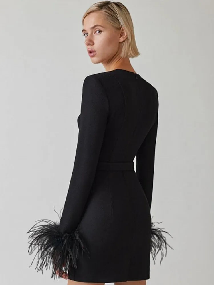 dresses : Zoe – Robe mini structurée de luxe avec poignets à plumes in van Seroa