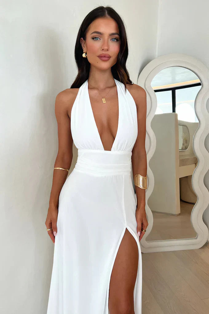 dresses : Chiara – Robe de soirée élégante dos nu avec profond décolleté en V et fente haute in van Seroa