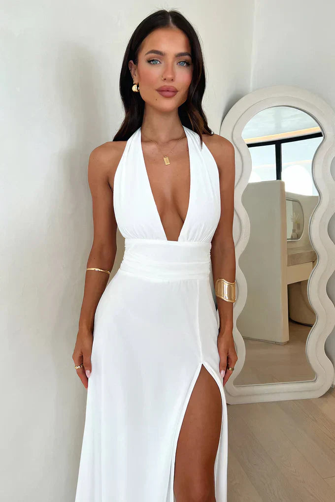 dresses : Chiara – Robe de soirée élégante dos nu avec profond décolleté en V et fente haute in van Seroa