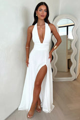 dresses : Chiara – Robe de soirée élégante dos nu avec profond décolleté en V et fente haute in Blanc van Seroa