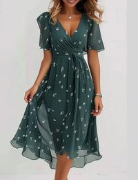 Robe Portefeuille Fleurie Midi en Chiffon pour Femme - Imprimé