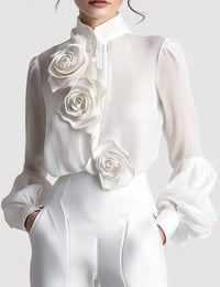 Elegante transparente Bluse mit 3D-Blumenapplikationen für Damen