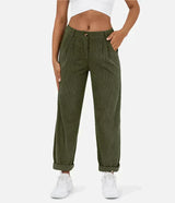 skirts : Angelina | Pantalon Femme Velours Côtelé Taille Haute in Vert foncé van Seroa