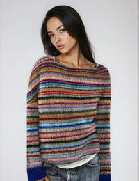 Pull Femme Rétro Rayé Col Bateau Tricoté Coton Doux