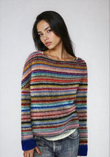 Pull Femme Rétro Rayé Col Bateau Tricoté Coton Doux