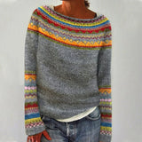 Pull Femme Rétro Rayé Col Bateau Tricoté Coton Doux