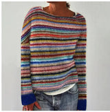 Pull Femme Rétro Rayé Col Bateau Tricoté Coton Doux