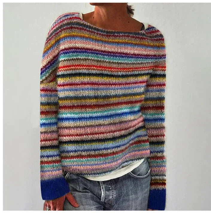 Damski sweter retro w paski z dekoltem w łódkę, miękka bawełna, dzianina