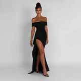 Robe Longue Femme Épaules Dénudées & Fente Élégante - Idéale