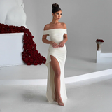 Robe Longue Femme Épaules Dénudées & Fente Élégante - Idéale
