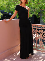 Robe longue femme asymétrique froncée pour soirée élégante