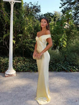 Robe longue satinée jaune moutarde femme, épaules dénudées, pour