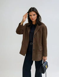 Veste blazer femme en suédine marron avec poches